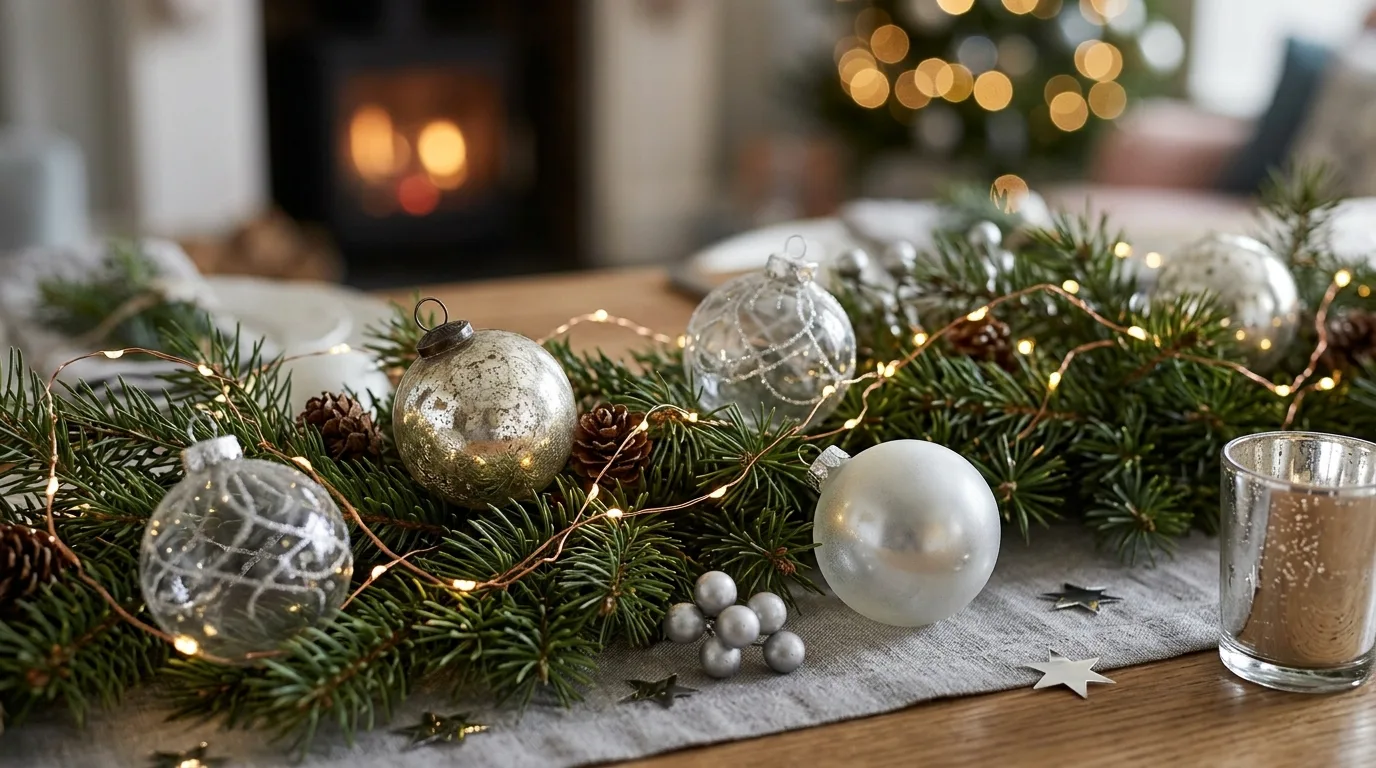 Close-up of Christmas table decor with ornaments and pine branches.